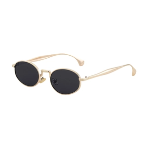 Oval sunglasses with golden metal frames and black lenses, minimalist vintage style for women