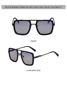 Close-up of square sunglasses with black baking finish frame and blue coated lenses