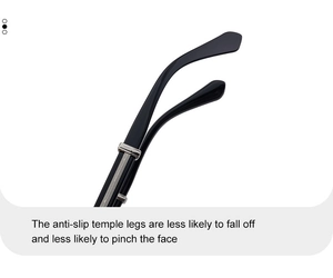 Detail of square sunglasses temple featuring silver textured hinge and non-slip design