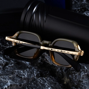 Men's square polarized sunglasses with olive green frame and engraved gold metal temples