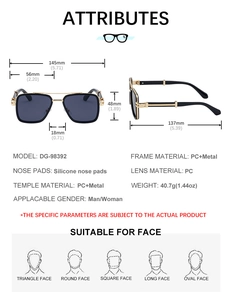 Detailed dimensions of square pilot sunglasses with PC metal frame and weight specs