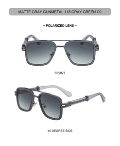 Vue macro des lunettes de soleil polarisées gris mat avec double pont et verres dégradés