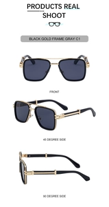 Detailed views of square sunglasses with black gold frame and gray lenses from three angles