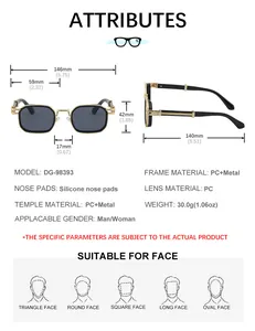 Detailed size guide and measurements for square retro punk style sunglasses with PC lens
