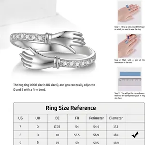 Size guide for adjustable silver hugging hands ring with pavé crystals for women