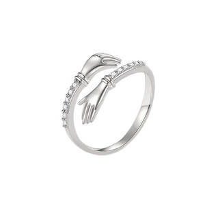 Romantic silver hugging hands open ring with pavé sparkling crystals for women