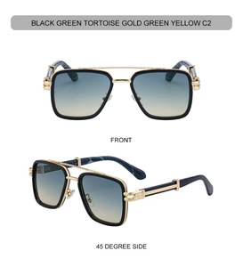 Close-up of retro square sunglasses featuring double metal bridge and hollow temple detail
