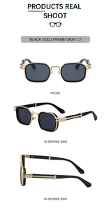 Detailed views of retro square sunglasses featuring black gold frames and embossed temples