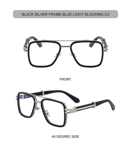 Detailed views of square anti-blue light glasses with retro double bridge and metal temples