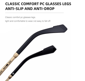 Detail view of black and gold square sunglasses temples with anti-slip texture and arrow decor