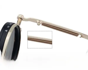 Detail of ND Vario lens with champagne gold spring hinge mechanism for custom fit