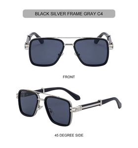 Front and side view of square double-bridge sunglasses with black silver metal frame