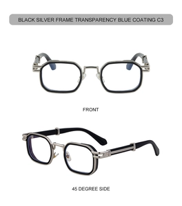 Front and side view of square punk sunglasses with black silver frame and blue coating