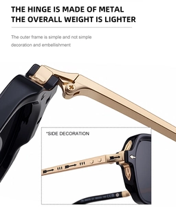 Detail of square sunglasses showing reinforced metal hinges and side arrow gold accents
