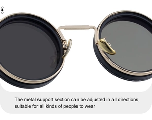 Macro detail of the adjustable gold metal bridge and nose pads on retro polarized sunglasses