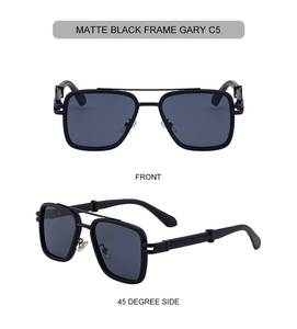 Front and side view of matte black aviator sunglasses with gray lenses and double bridge