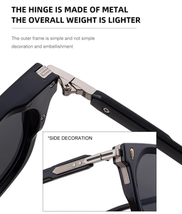Close-up of durable metal hinge structure and decorative side details on black square sunglasses