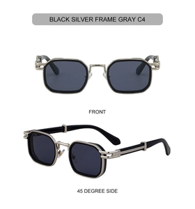 Retro square black silver sunglasses with gray lenses shown from front and side view