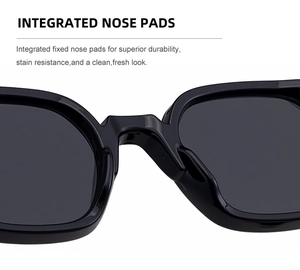 Detail of square polarized sunglasses featuring integrated fixed nose pads for comfort