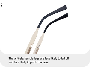 Macro detail of sunglasses temple featuring gold metal hinge and anti-slip black ear tips
