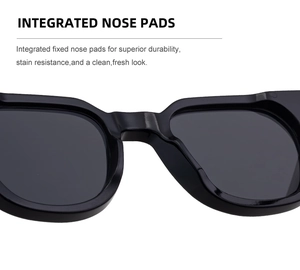 Detailed macro view of integrated fixed nose pads on high-gloss black square sunglasses