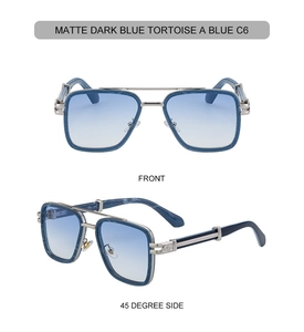 Front and side view of square sunglasses in matte dark blue tortoise and blue lenses