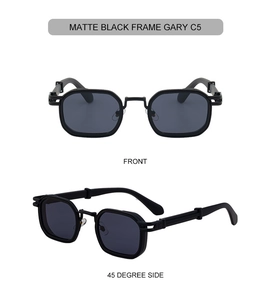 Detail view of matte black square sunglasses with grey lenses in front and side perspectives