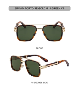 Front and 45-degree side view of tortoise gold square aviator sunglasses with G15 green lenses
