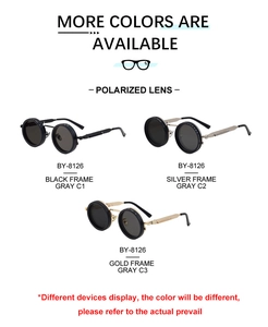 Steampunk round polarized sunglasses BY-8126 in black, silver, and gold frames