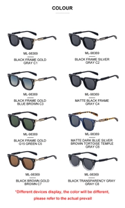 Matrix display of retro square sunglasses in eight colors with detailed color codes