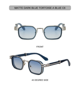 Front and side view of matte dark blue tortoise rectangle sunglasses with blue lenses