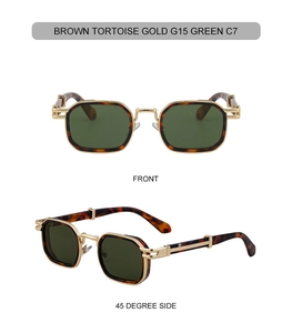Detail view of square tortoise shell sunglasses with gold metal hinges and green lenses