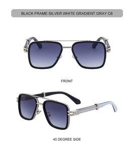 Front and side view of square frame aviator sunglasses with silver double bridge