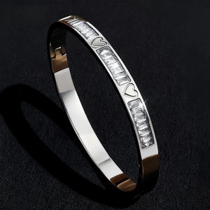 Elegante Bracciale Rigido In Acciaio Inossidabile Per Donna Cuore Quadrifoglio Doppia Fila Di Strass Moda