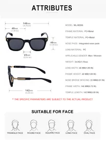Detailed size chart for square frame sunglasses with precise lens and frame measurements