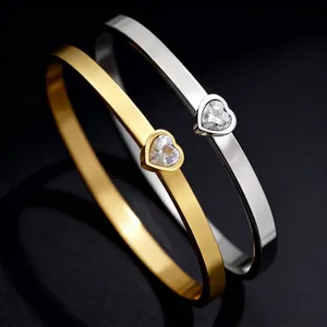 Bracelet Jonc En Acier Inoxydable Avec Zircon Coeur Minimaliste Géométrique Ouvert Pour Femmes Bijoux Élégants