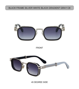 Close-up of rectangular sunglasses with silver metal accents and gradient grey lenses