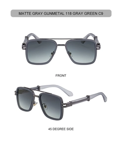 Detailed front and 45-degree side views of square gunmetal double bridge sunglasses