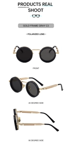 Multiple views of vintage steampunk sunglasses with gold round metal frames and grey lenses