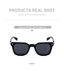 Close-up of black square sunglasses with gold metal cone hinge accents and gray lenses