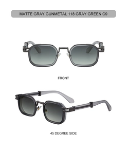 Detailed front and side views of matte gray punk square sunglasses with gray green lenses