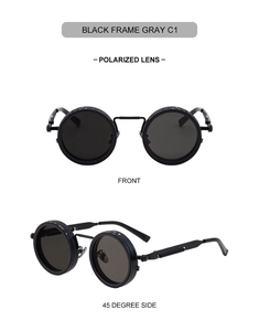 Front and 45-degree side view of black steampunk polarized sunglasses with gray lenses