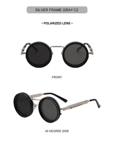 Steampunk round sunglasses with silver mechanical temples and black polarized lenses