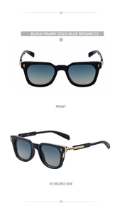 Front and 45-degree views of square black sunglasses with gold arrow metal accents