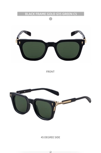 Detail view of square black sunglasses with gold metal hinges and G15 green lenses