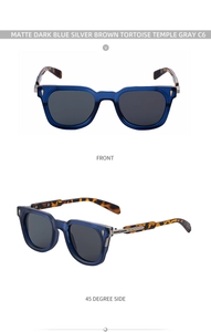 Detail view of matte dark blue sunglasses with tortoiseshell temples and metal hinges
