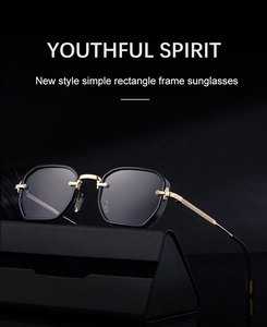 Detail of square black and gold sunglasses with metallic accents on a case