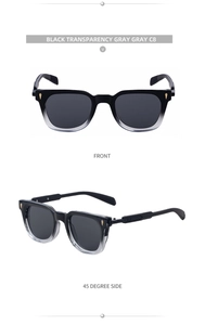 Detail of square black gradient frames with gold diamond rivets and grey lenses