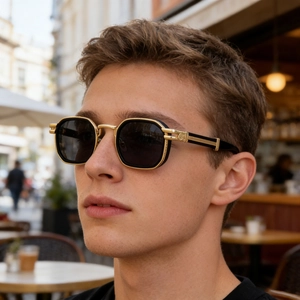 Men's retro punk square polarized sunglasses with black frame and gold metal accents