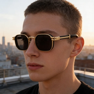 Detail of square polarized sunglasses with gold metal hinges and luxury textured engraving